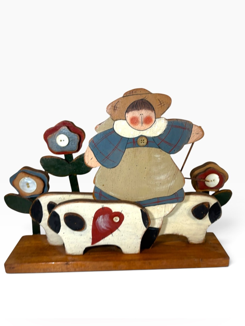 Vintage Folk Art Wood Farm Girl Sheep Flowers Shelf Sitter 14.5" TG Cottagecore